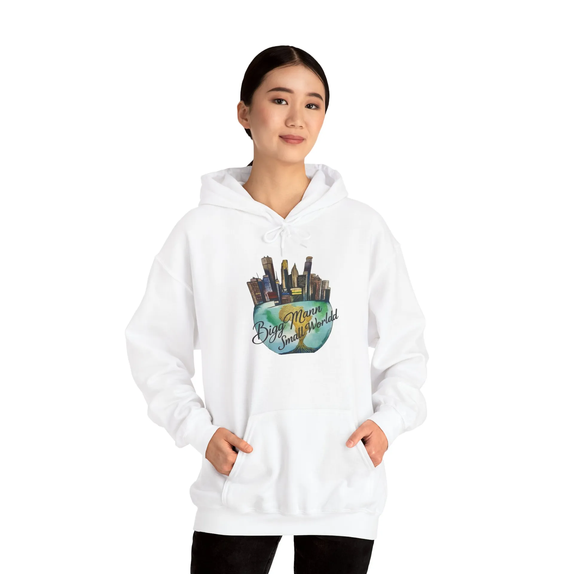 Model wearing the white Artist Brush and Quote hoodie